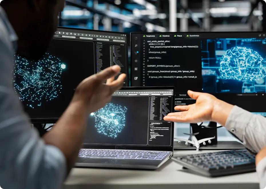 Engineer pointing at neural network visualisations on multiple screens