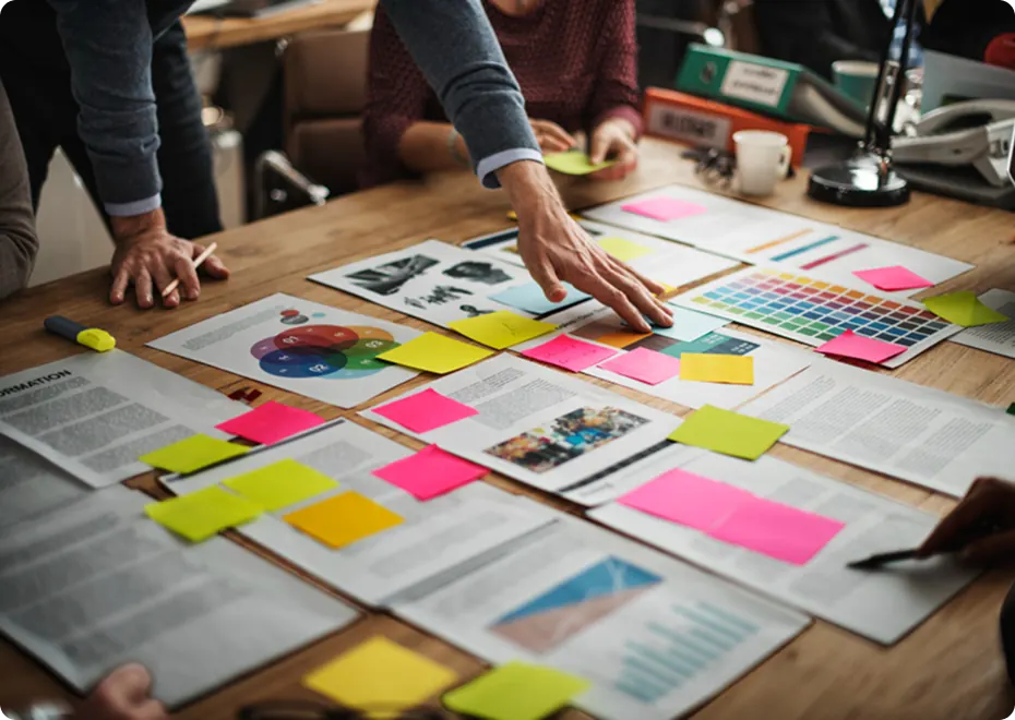 Team mapping a product roadmap with sticky notes on a table