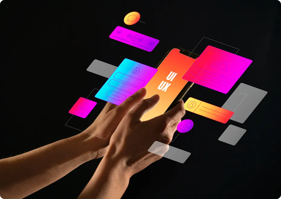 Hands holding a phone with colourful interface layers floating above it